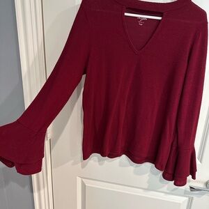 Alya Deep Red V-Neck Blouse with Flared Sleeves